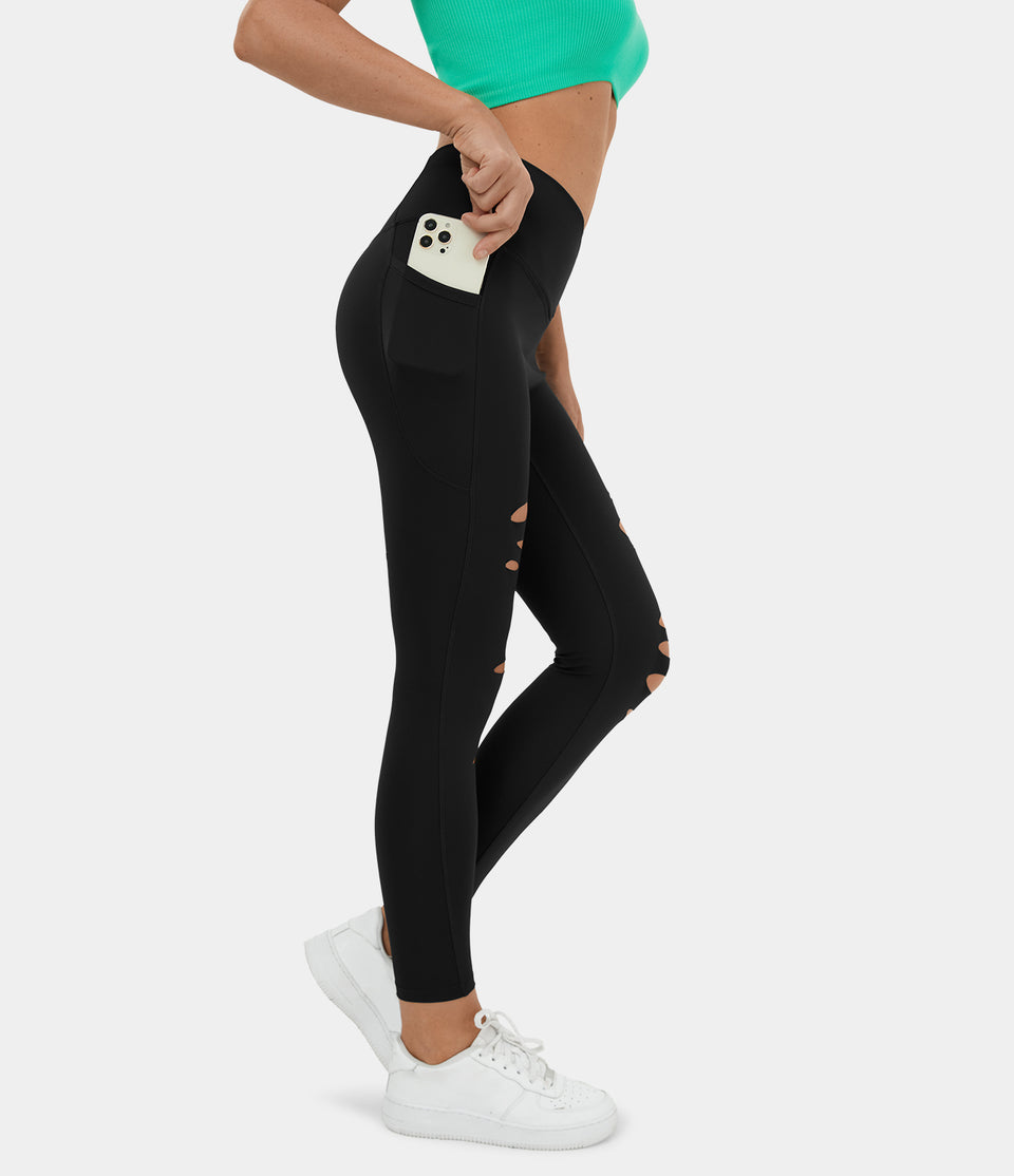High Waisted Crossover Side Pocket Ripped Cut Out Casual 7/8 Leggings