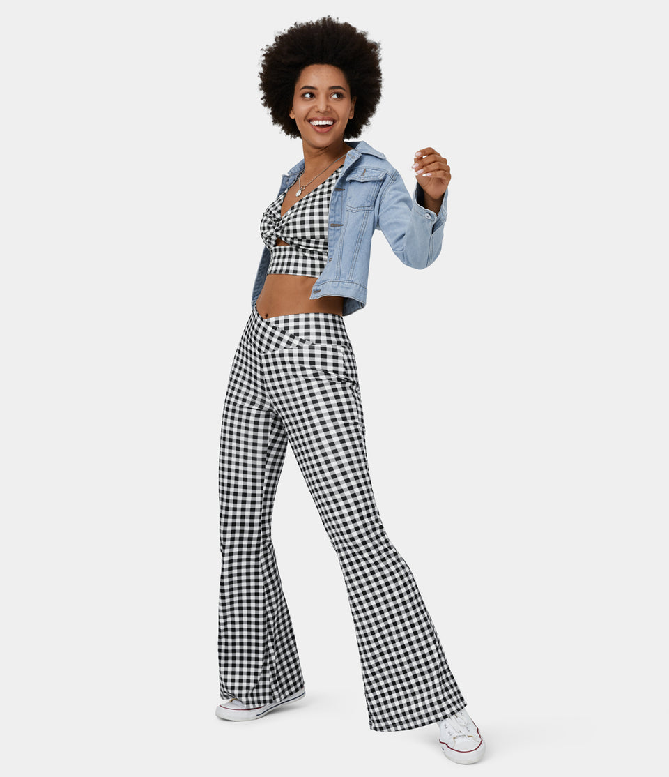 High Waisted Crossover Vintage Plaid Casual Super Flare Pants