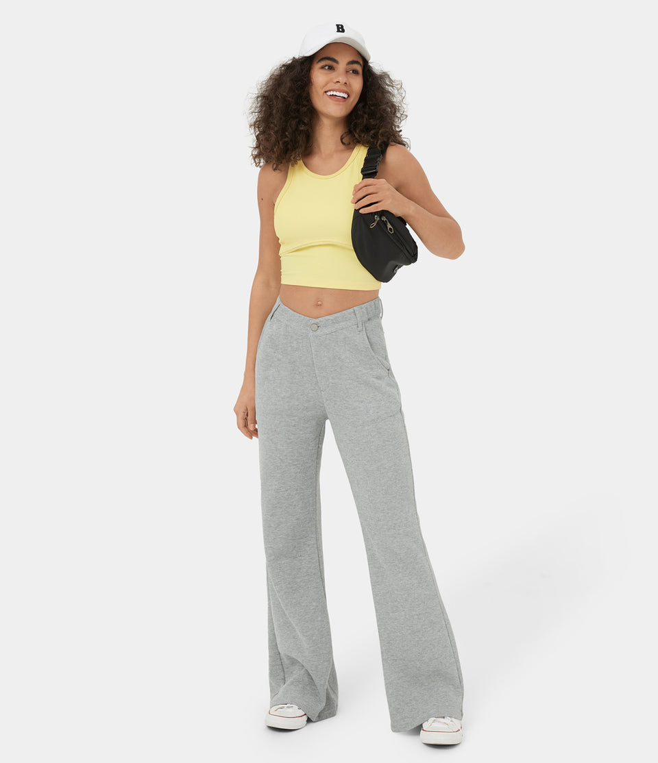 Mid Rise V Shaped Waistband Button Zipper Pocket Flare Casual Cotton Sweatpants