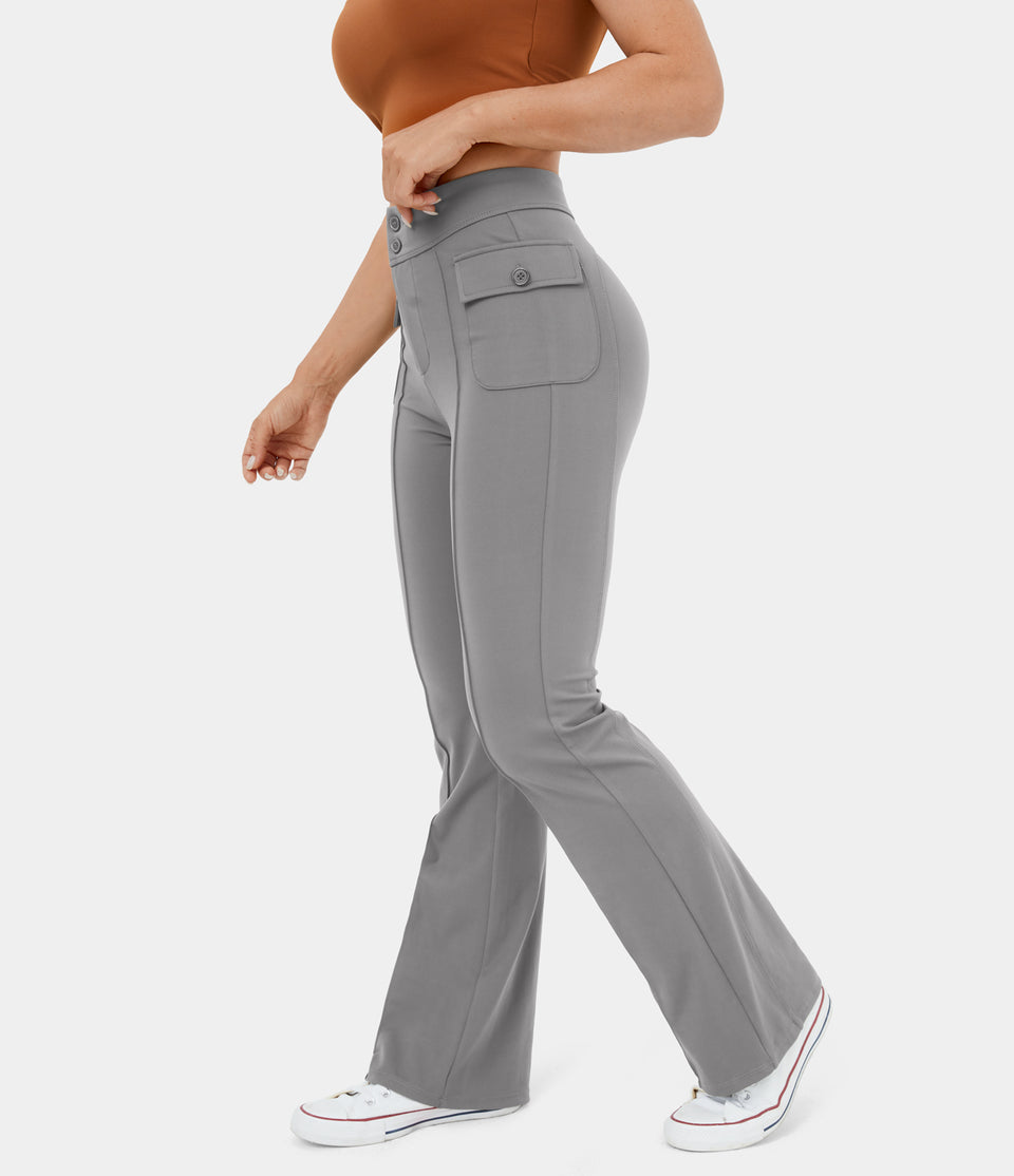 High Waisted Button Side Flap Pocket Flare Casual Cargo Pants