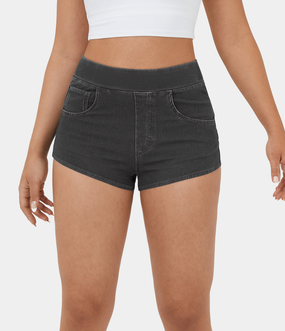 HalaraMagic™ High Waisted Multiple Pockets Cool Touch Breathable Washed Stretchy Knit Denim Casual Shorts 2''