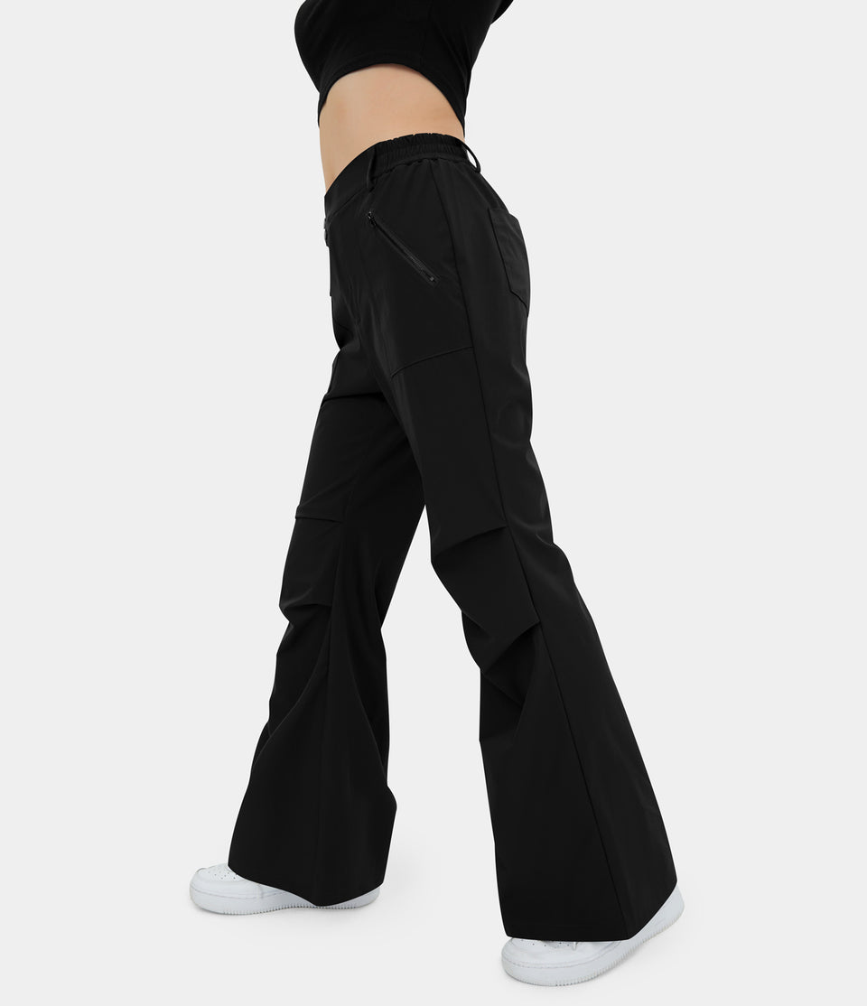 High Waisted Belted Button Zipper Pocket Flare Casual Cargo Pants