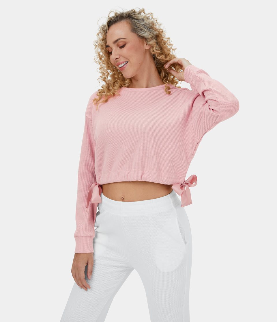 Waffle Dropped Shoulder Ribbon Tie Side Cropped Casual Cotton Sweatshirt
