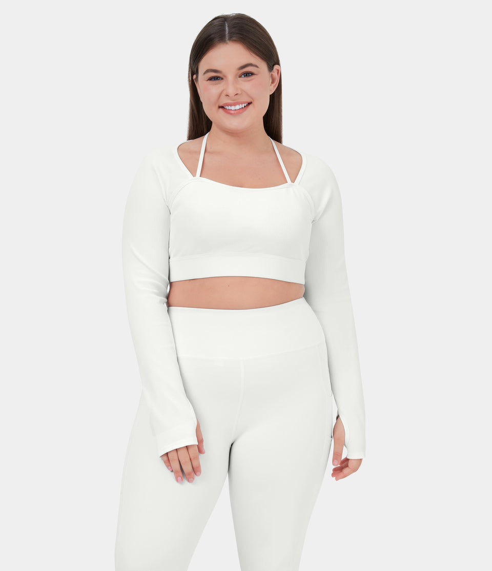 Ribbed Halter Strap Thumb Hole Plus Size Cropped Yoga Sports Top