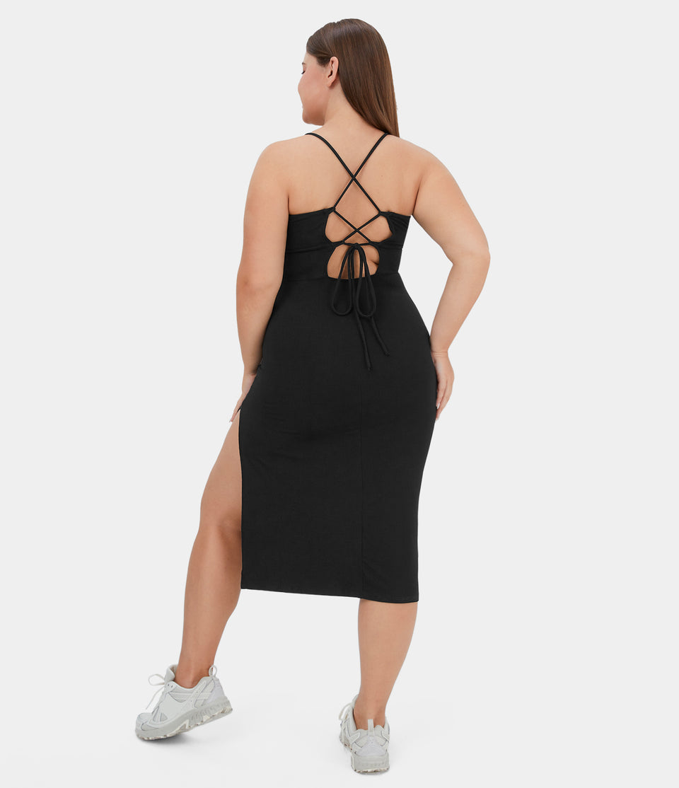 Everyday Split Strap Backless Bodycon Plus Size Midi Chill Dress-Sensational
