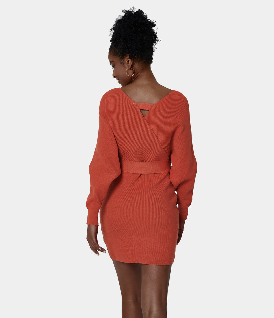 Everyday Deep V Neck Belted Mini Knitted Dress