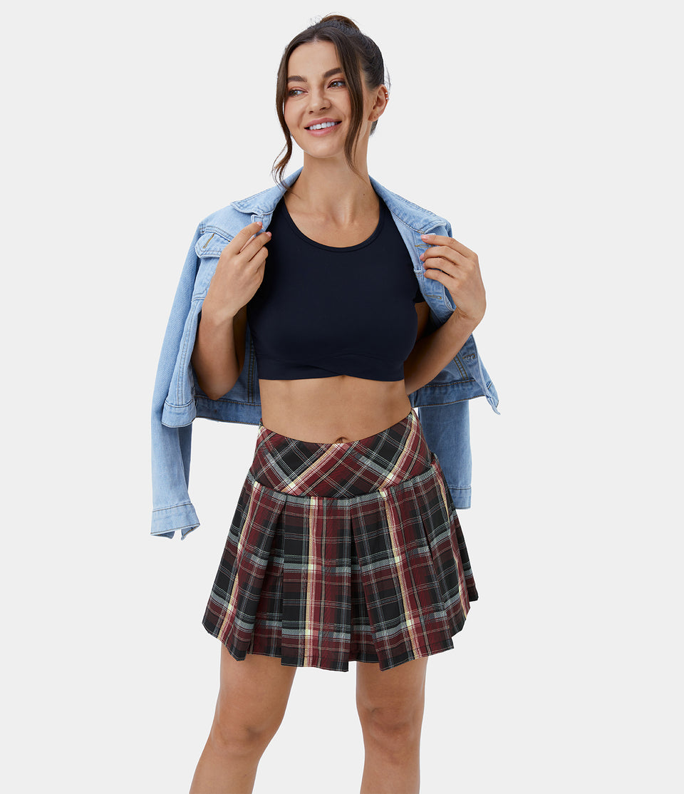 High Waisted Plaid 2-in-1 Side Pocket Pleated Tennis Skirt
