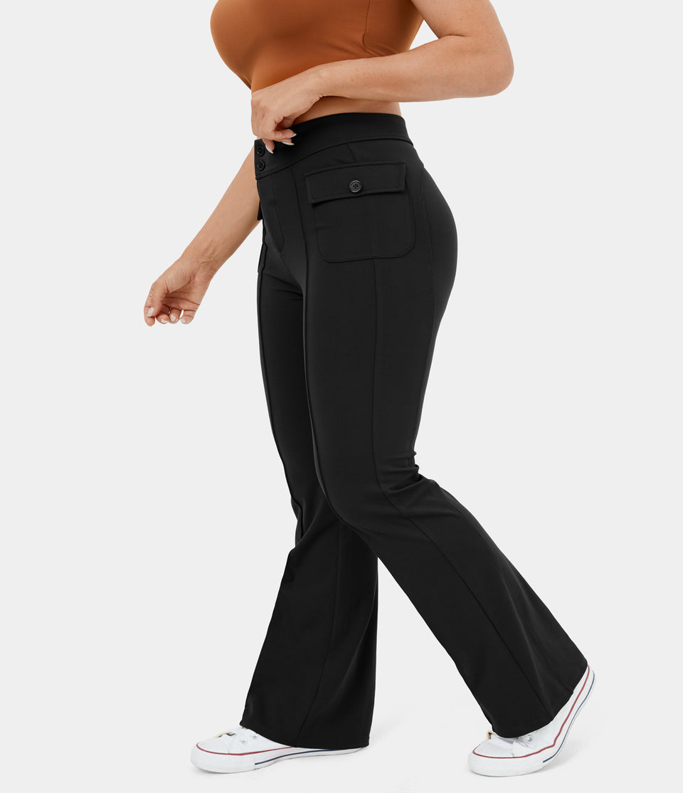 High Waisted Button Side Flap Pocket Flare Plus Size Casual Cargo Pants