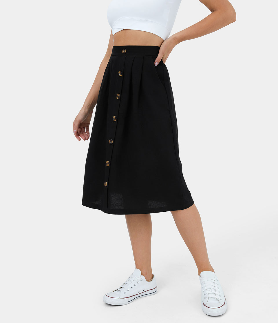High Waisted Side Pocket Button A Line Midi Casual Linen-Feel Skirt