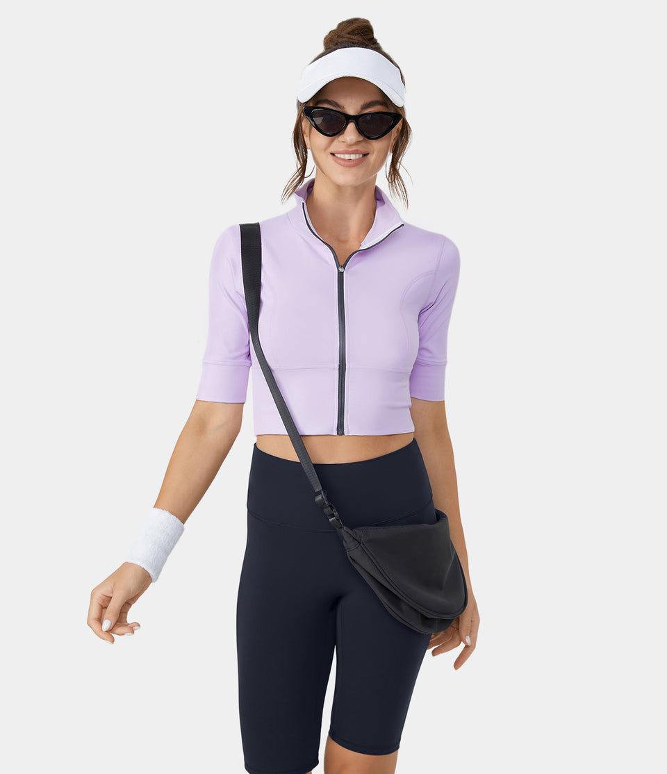 Stand Collar Half Sleeve Zip Front Cropped Golf Sports Top