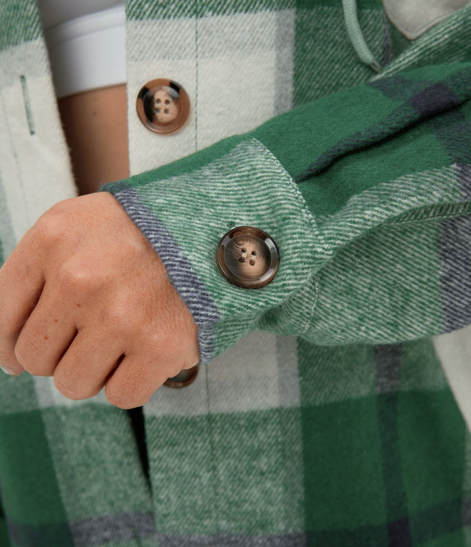 Hooded Drawstring Button Side Pocket Plaid Fleece Casual Jacket