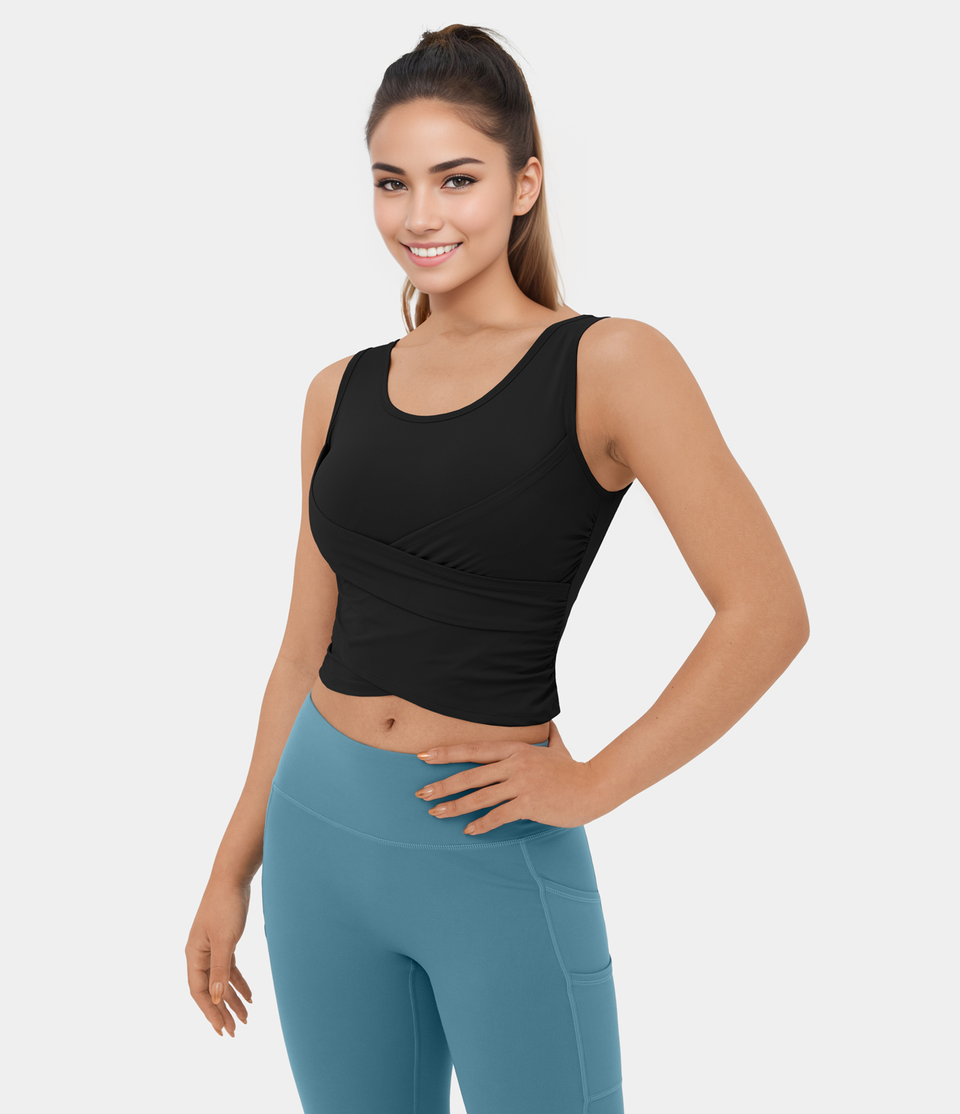Softlyzero™ Airy Round Neck Crossover Hem Plicated Stacked Cropped Cool Touch Yoga Tank Top-UPF50+