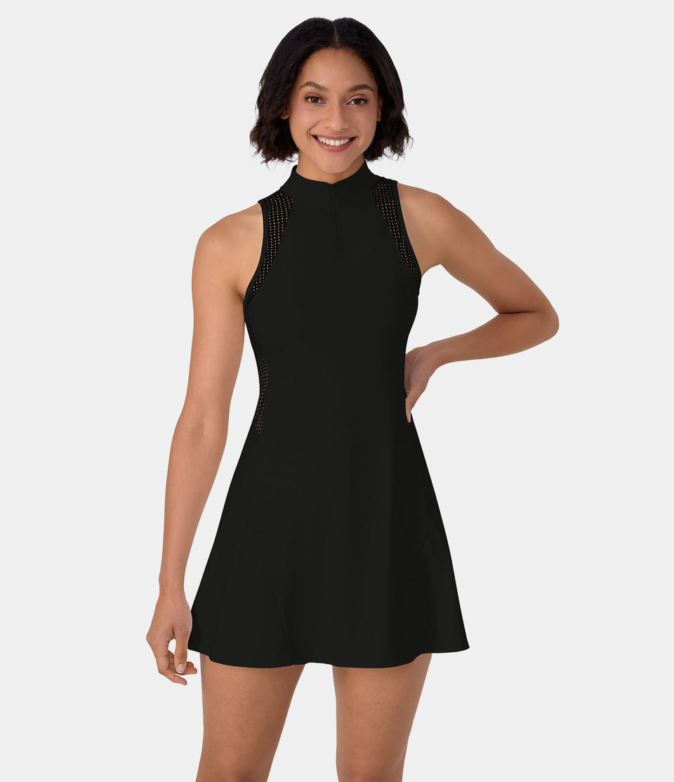Half Zip Contrast Mesh Side Pocket 2-Piece Mini Tennis Active Dress