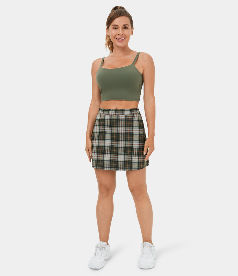 High Waisted 2-in-1 Side Pocket Plaid A Line Mini Casual Skirt