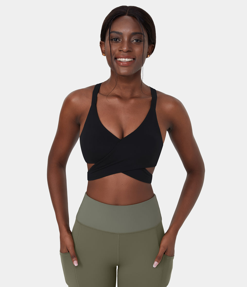 Low Support Crossover Hem Cut Out Racerback Yoga Sports Bra