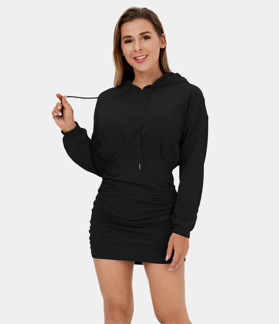 Hooded Drawstring Ruched Bodycon Mini Casual Dress