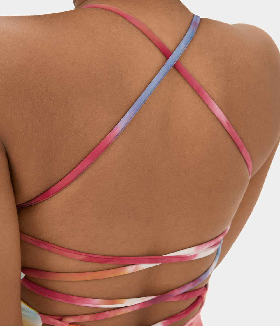 Spaghetti Strap Tie Dye Backless Crisscross Lace Up Cropped Tank Top