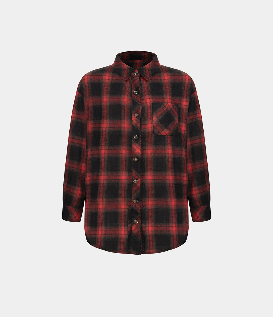 Collared Button Pocket Curved Hem Plaid Casual Cotton Jacket