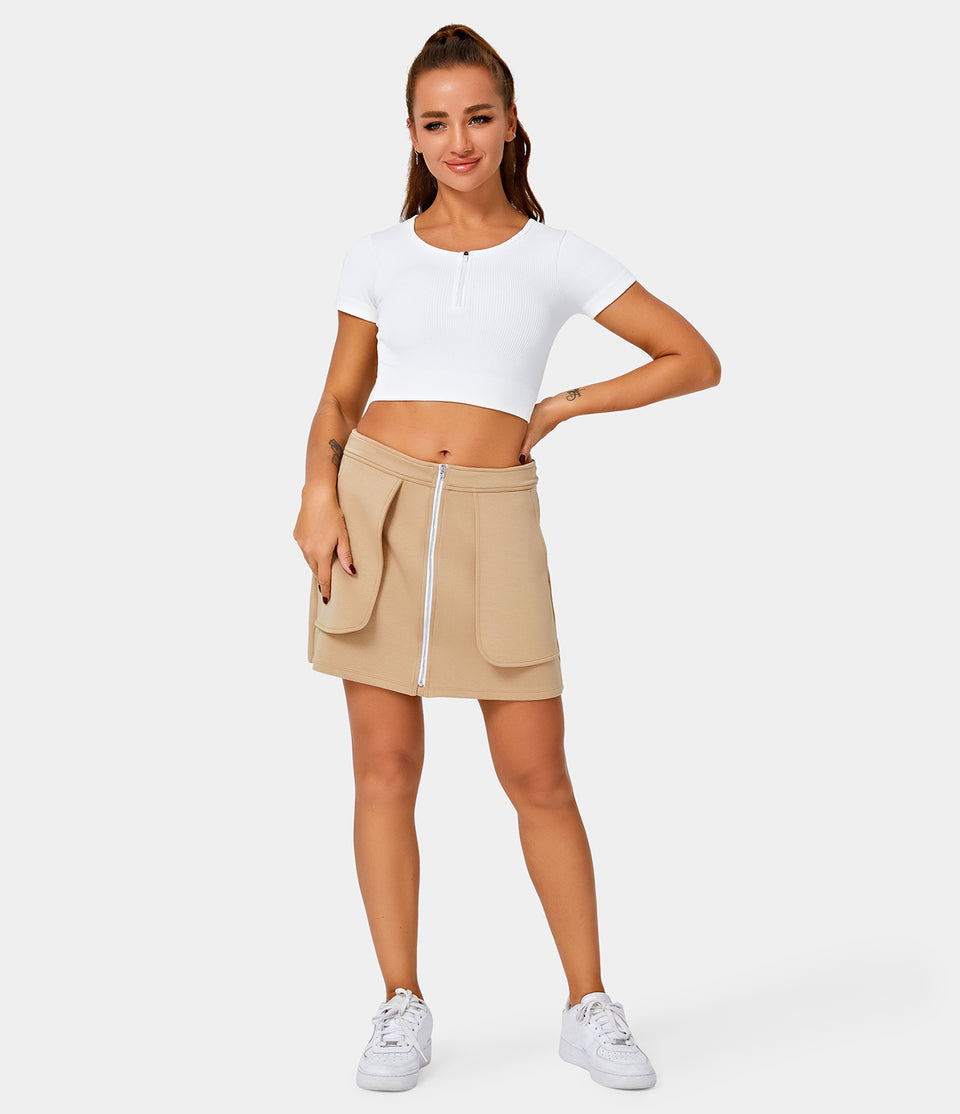 Mid Rise Front Zip Side Pocket Plain Mini Skirt