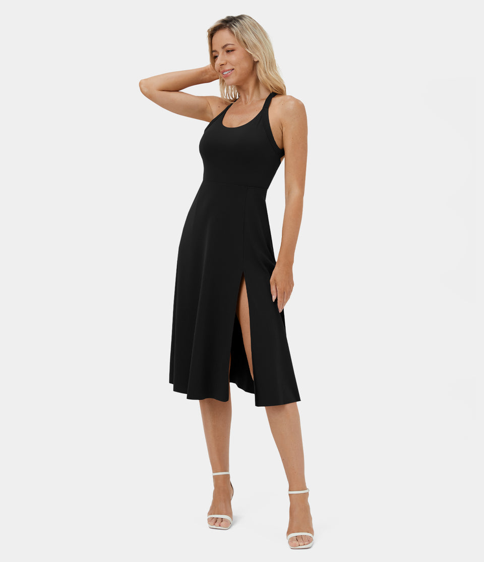 Backless Cut Out Twisted Side Pocket Split Midi Casual Dress