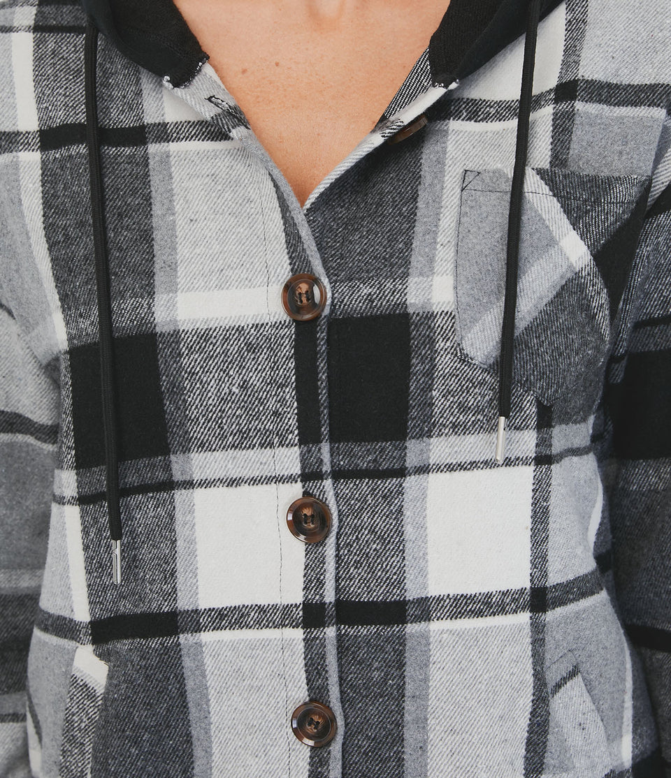 Hooded Drawstring Button Side Pocket Plaid Fleece Casual Jacket