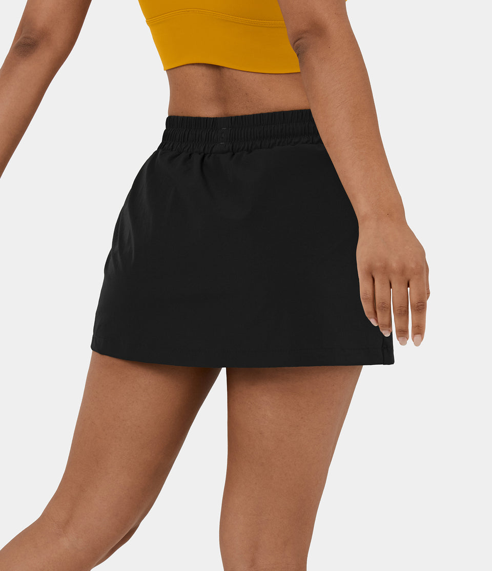 High Waisted Drawstring Crossover Hem 2-in-1 Side Pocket A Line Mini Golf Skirt-Golf Tee Pocket