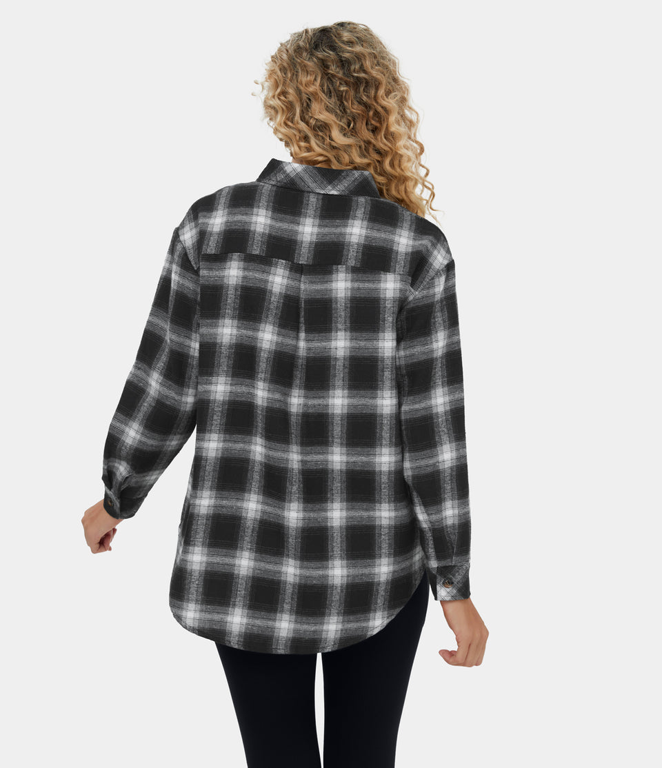 Collared Button Pocket Curved Hem Plaid Casual Cotton Jacket
