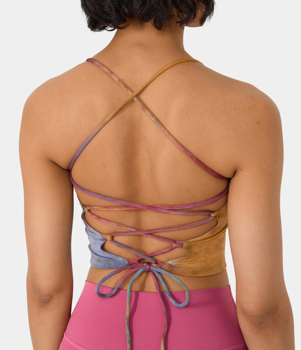 Spaghetti Strap Tie Dye Backless Crisscross Lace Up Cropped Tank Top