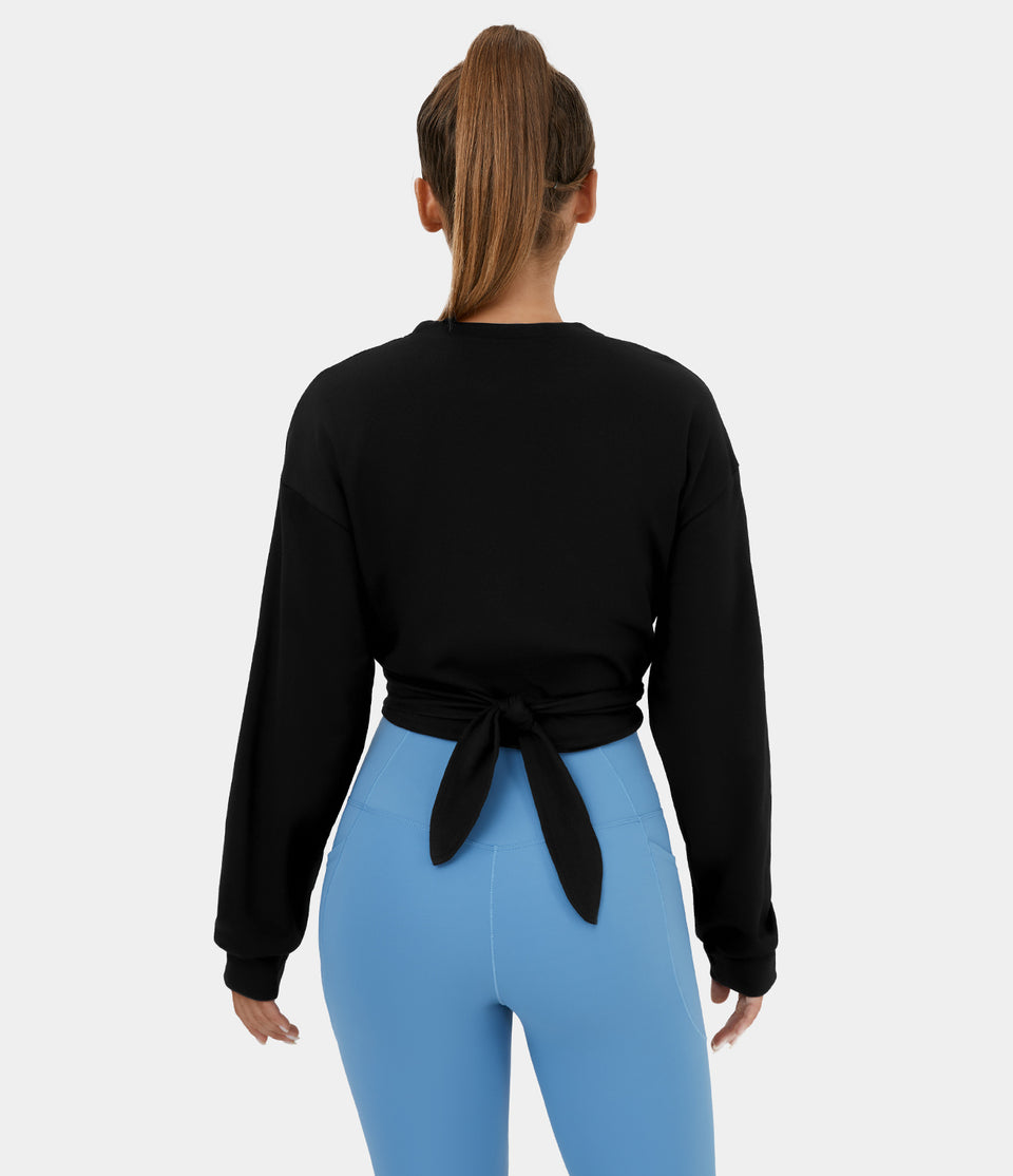 Dropped Shoulder Tie Back Cropped Casual Sports Sweatshirt