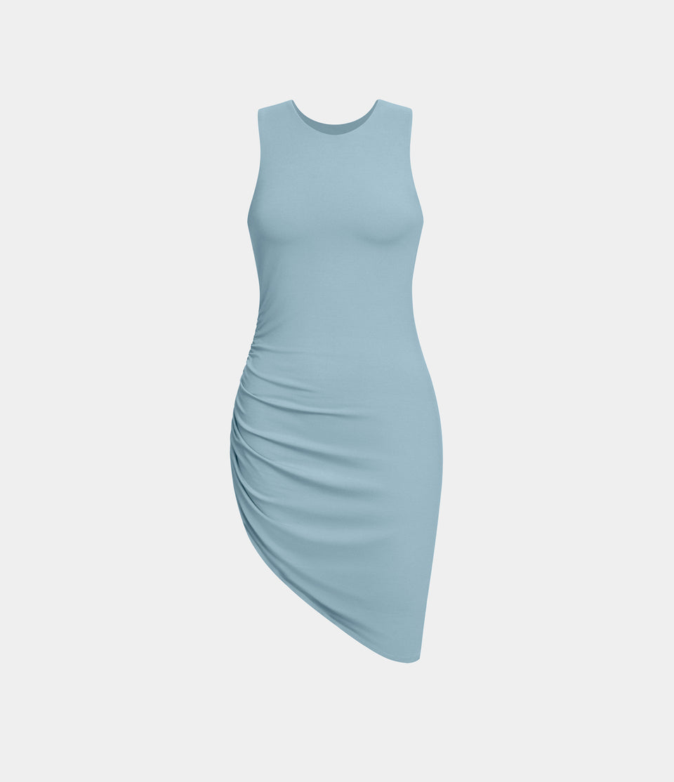 Round Neck Ruched Asymmetric Hem Bodycon Mini Casual Dress
