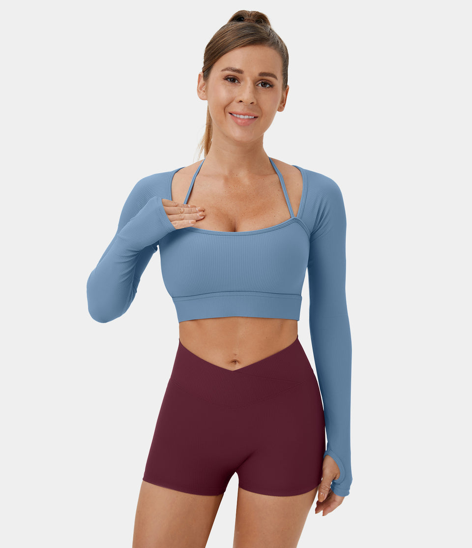 Ribbed Halter Strap Thumb Hole Cropped Yoga Sports Top