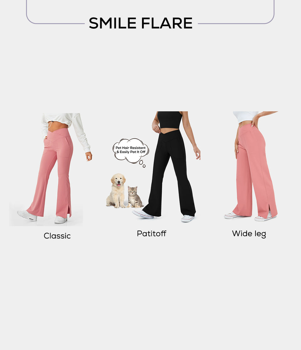 Patitoff® Flow Pet Hair Resistant Crossover Pocket Split Hem Yoga Flare Leggings-Smile