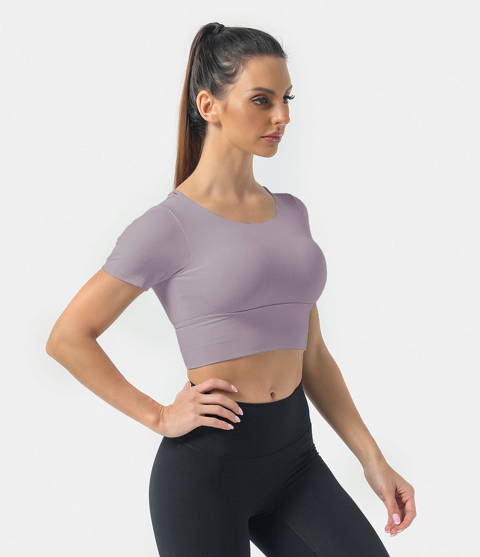 Round Neck Short Sleeve Backless Crisscross Cropped Sports Top