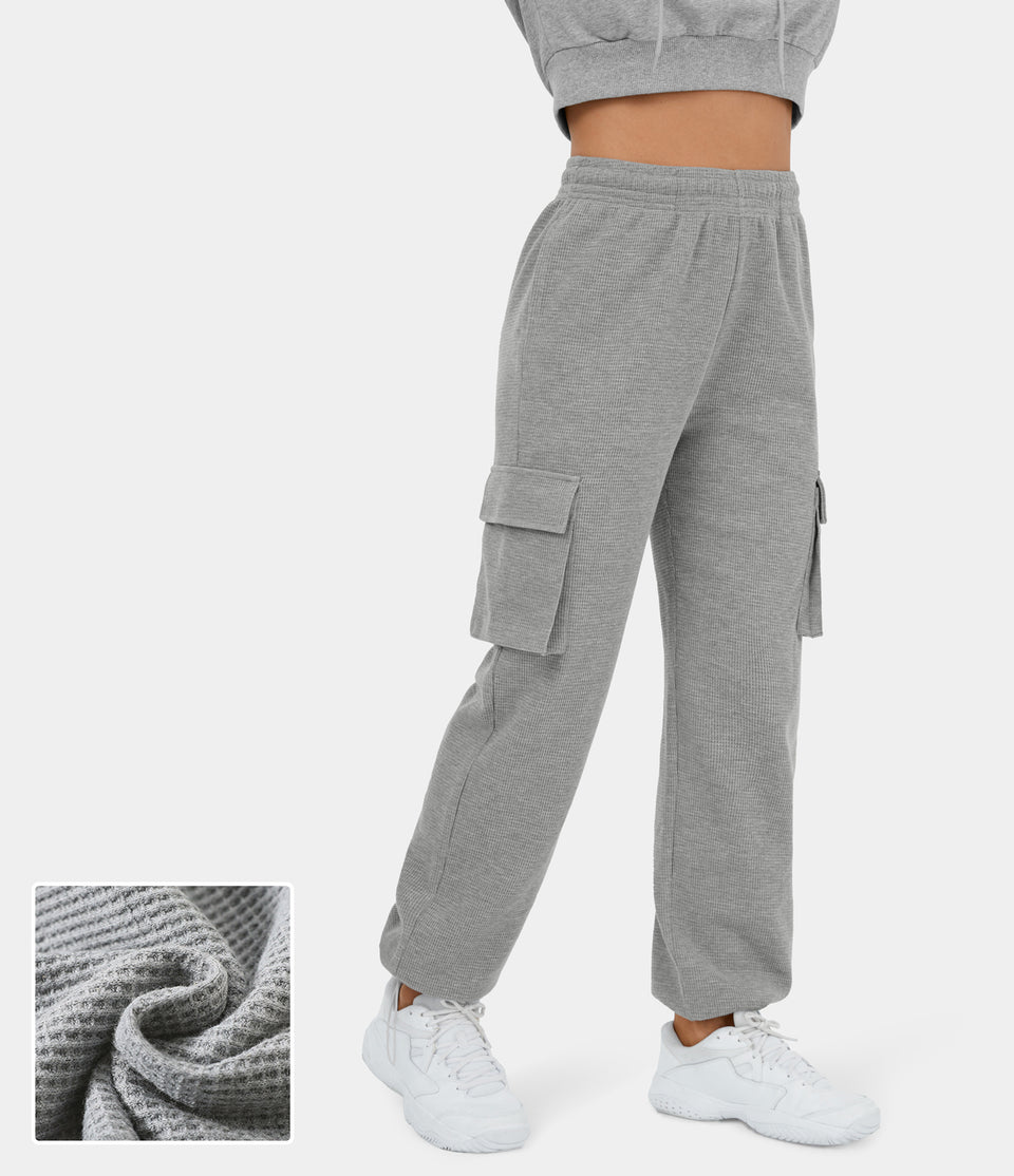 High Waisted Inside Drawstring Multiple Pockets Waffle Casual Cotton Cargo Joggers