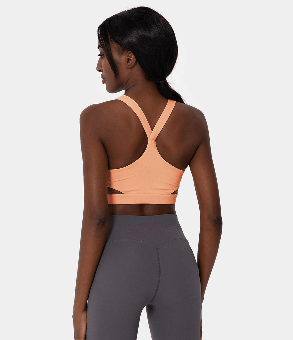 Low Support Crossover Hem Cut Out Racerback Yoga Sports Bra