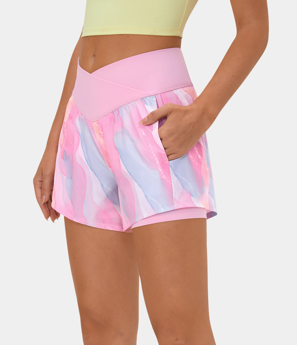 Breezeful™ High Waisted Crossover Side Pocket 2-in-1 Watercolour Quick Dry Yoga Shorts 4''