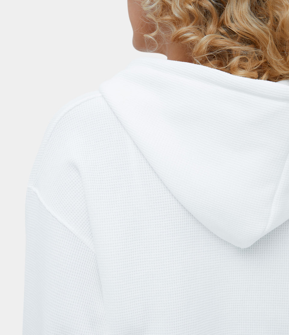 Waffle Hooded Drawstring Zipper Cropped Casual Cotton Sports Sweatshirt