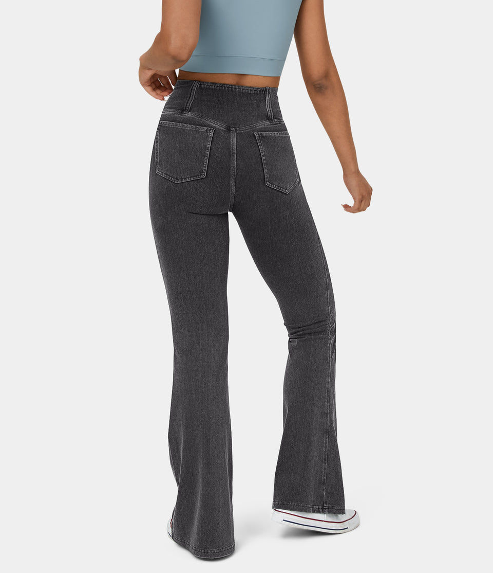 HalaraMagic™ High Waisted Crossover Pocket Cool Touch Washed Stretchy Knit Casual Super Flare Jeans