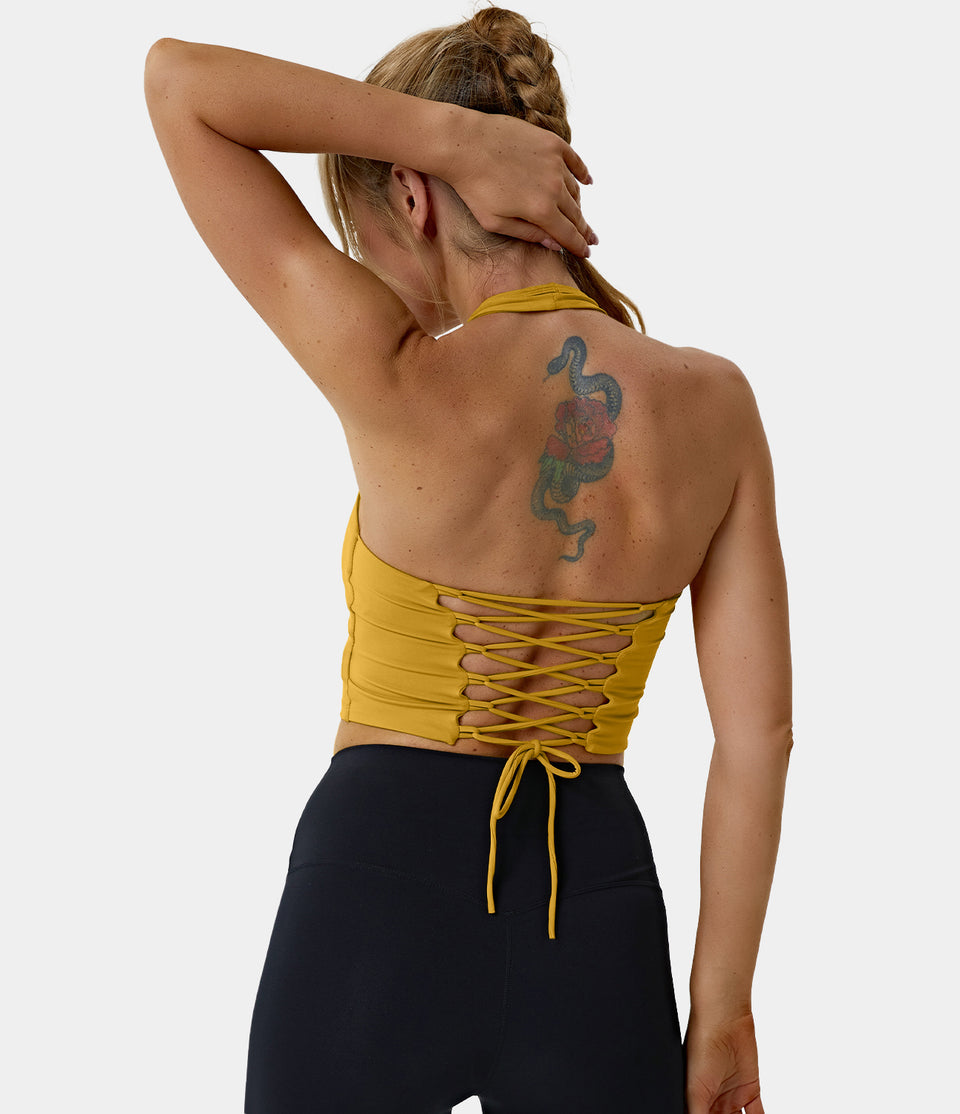 Halter Backless Crisscross Lace Up Workout Cropped Tank Top