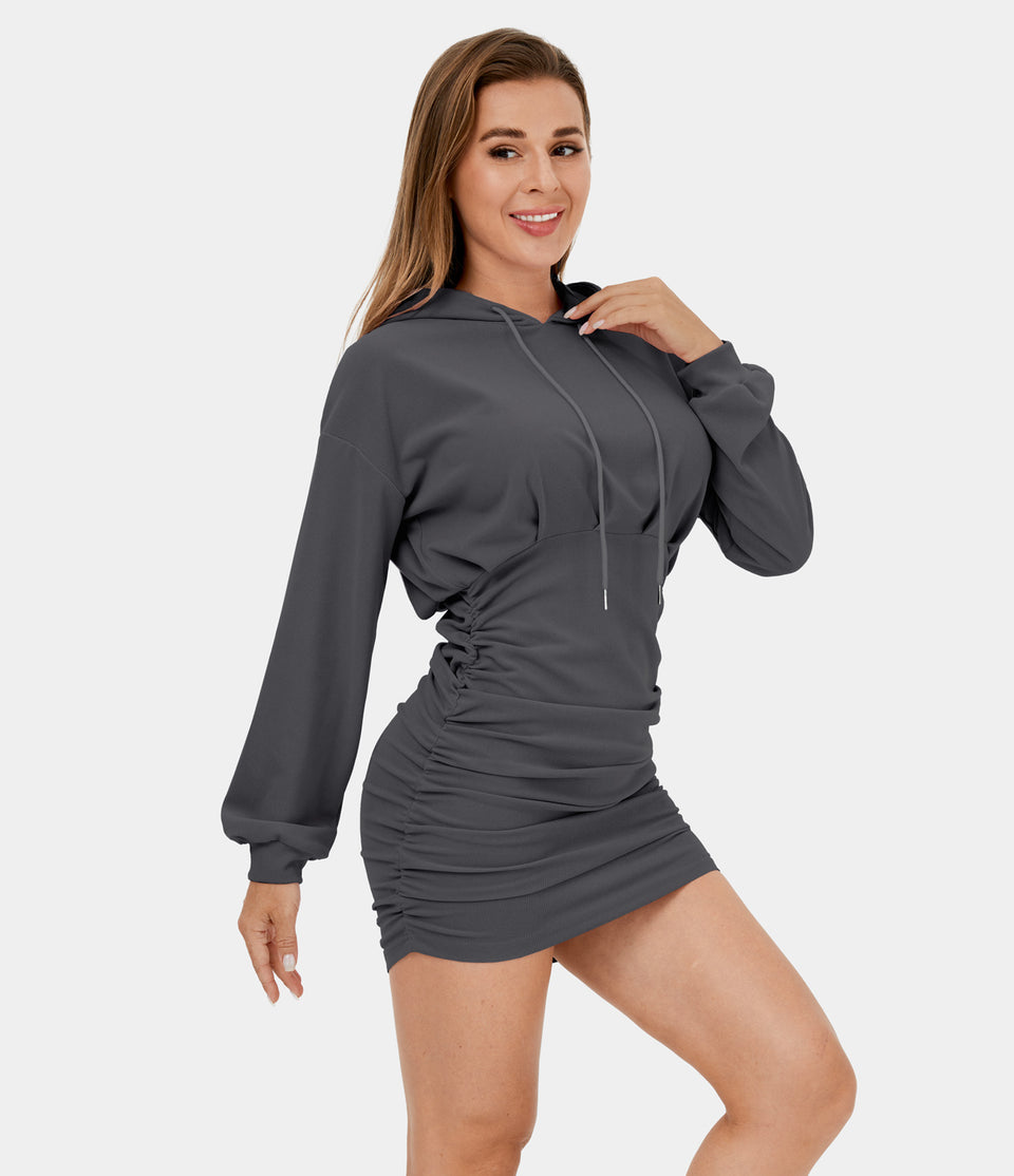 Hooded Drawstring Ruched Bodycon Mini Casual Dress