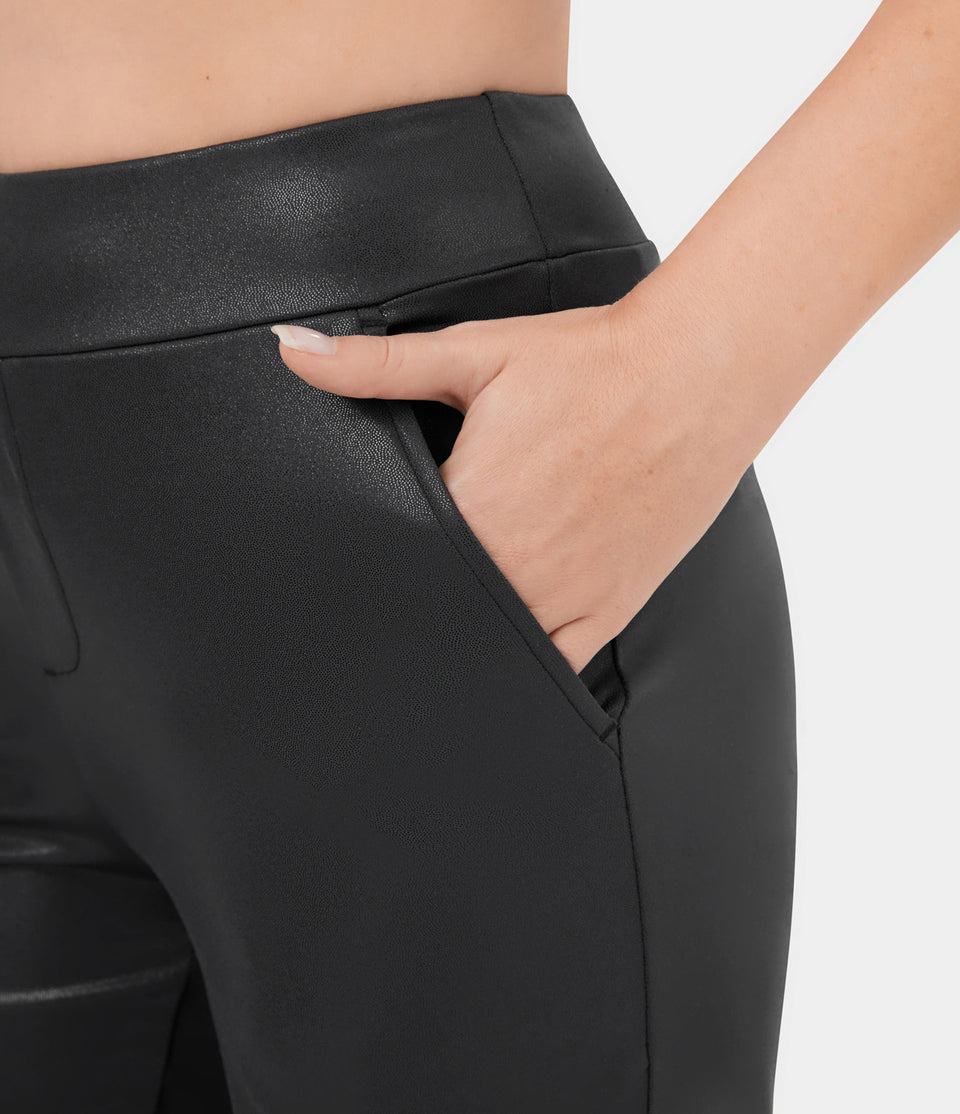 Softlyzero™ Faux Leather Mid Rise Side Pocket Foil Print Stretchy Wide Leg Yoga Pants