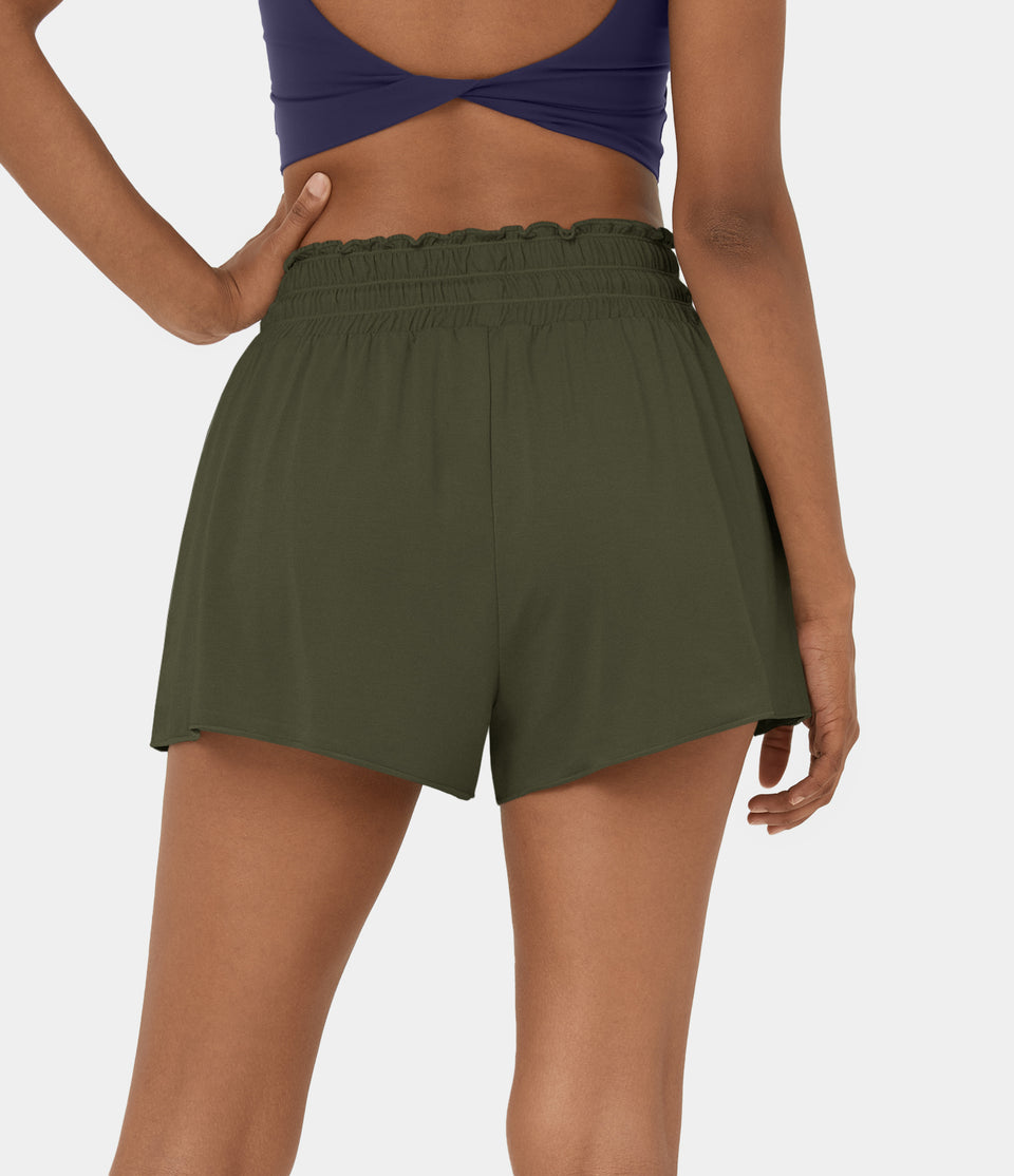 Frill High Waisted Elastic Waistband Drawstring Flowy Stacked Casual Shorts 3"