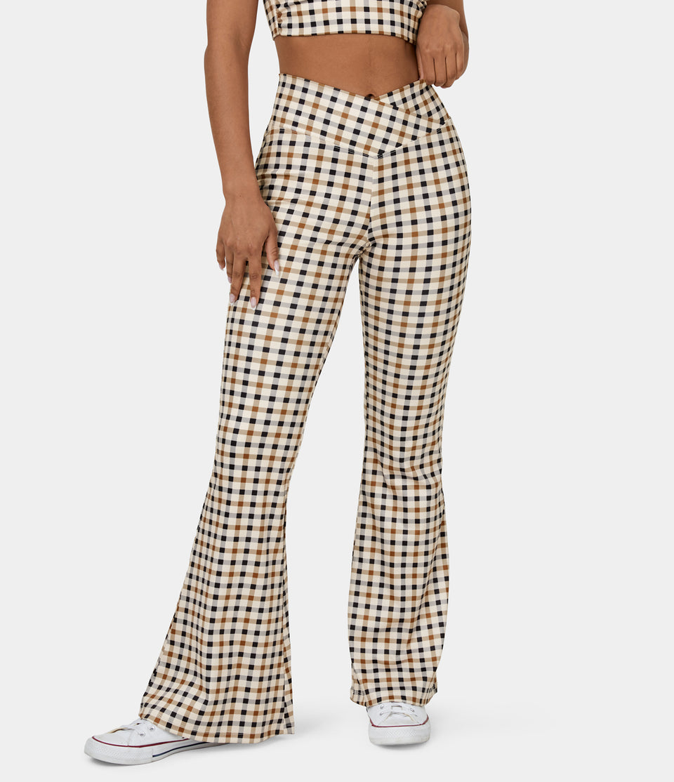 High Waisted Crossover Vintage Plaid Casual Super Flare Pants