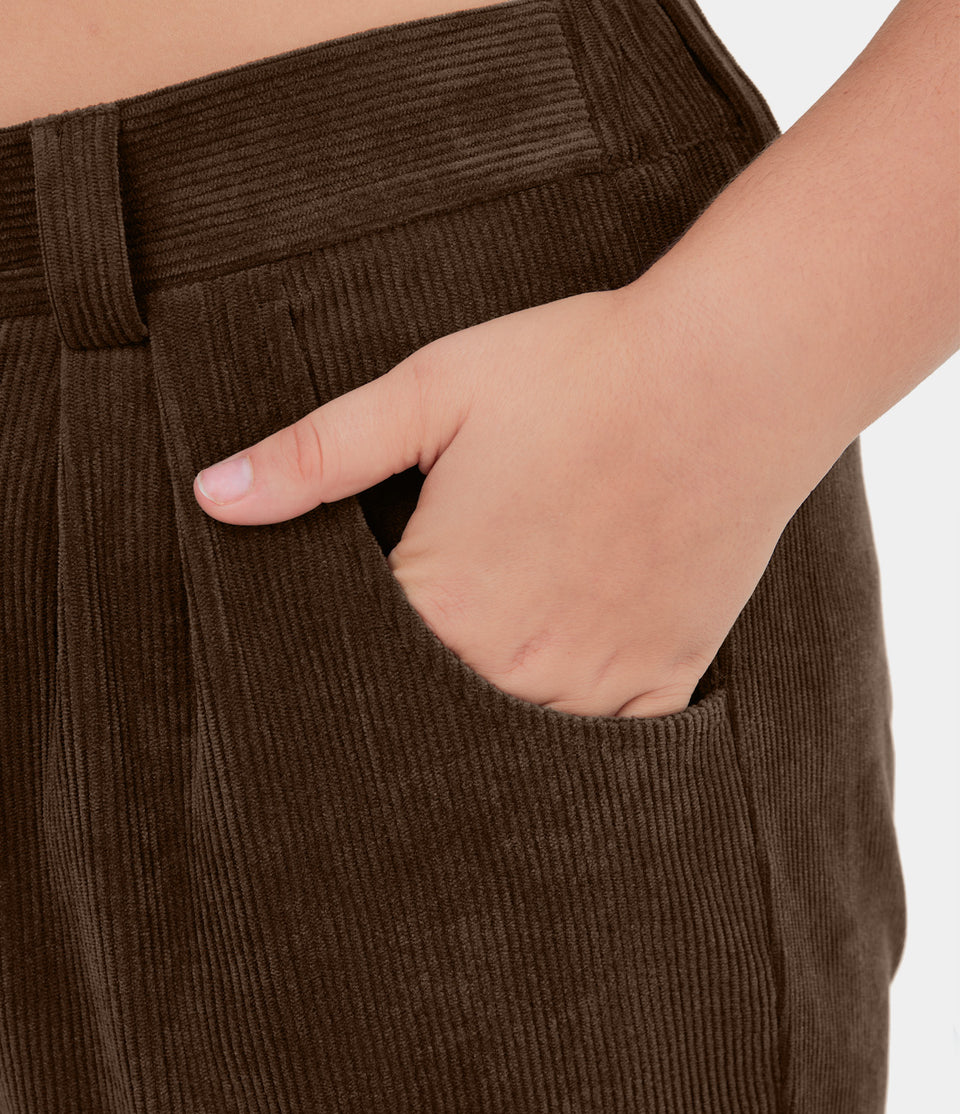 Mid Rise Button Zipper Side Pocket Plus Size Corduroy Casual Pants