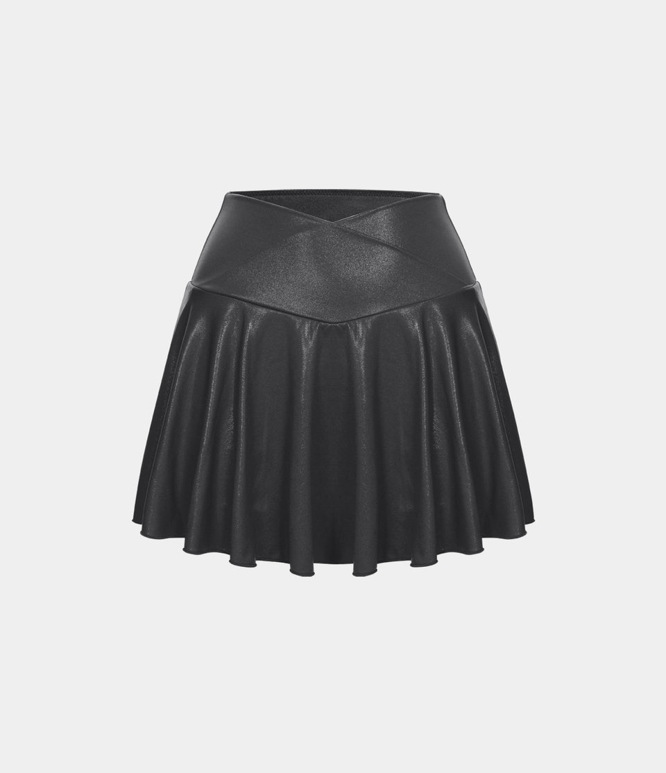 Softlyzero™ Faux Leather High Waisted Crossover 2-in-1 Side Pocket Foil Print Stretchy Flare Skirt