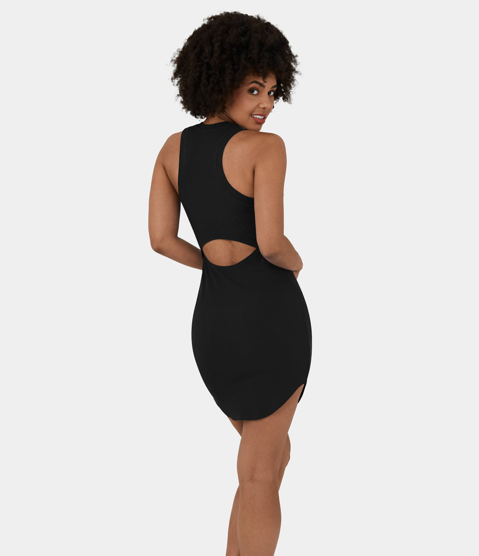 Ribbed Knit Sleeveless Backless Racerback Cut Out Curved Hem Bodycon Mini Casual Dress