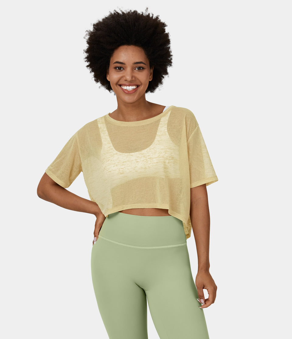 Short Sleeve Cropped Sheer Casual Top