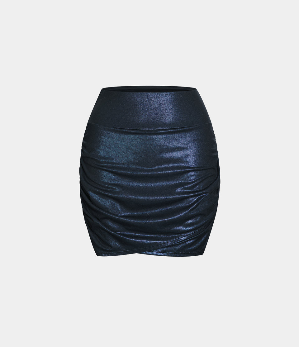 Softlyzero™ Faux Leather High Waisted Bodycon Foil Print Stretchy 2-in-1 Ruched Casual Skirt