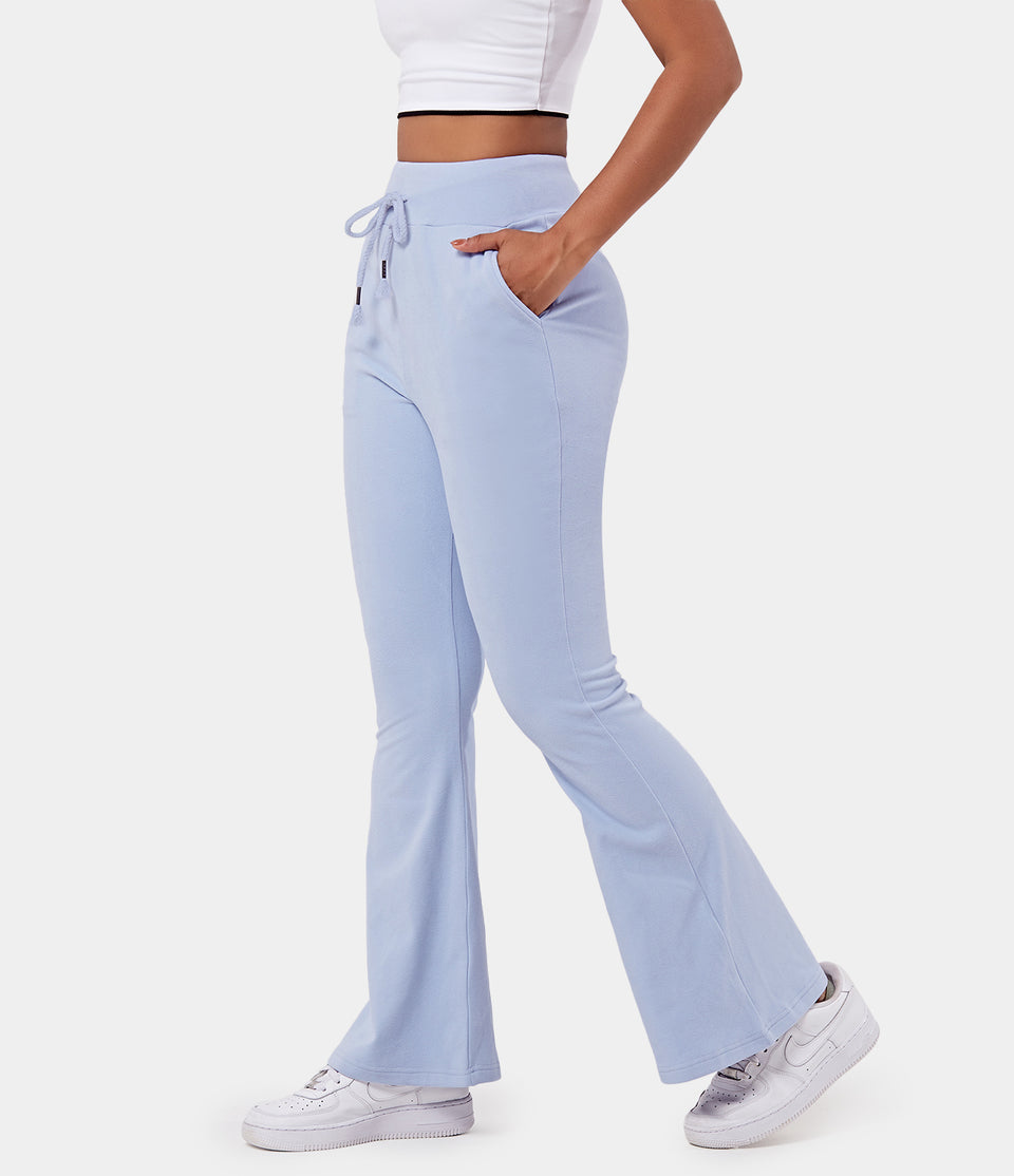 High Waisted Drawstring Pocket Plain Flare Long Pants
