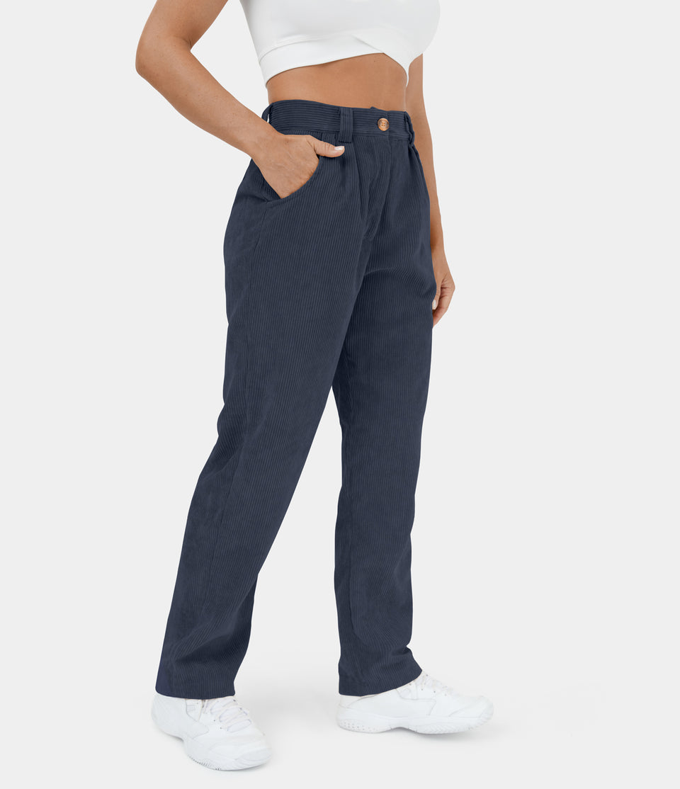 Mid Rise Button Zipper Side Pocket Corduroy Casual Pants